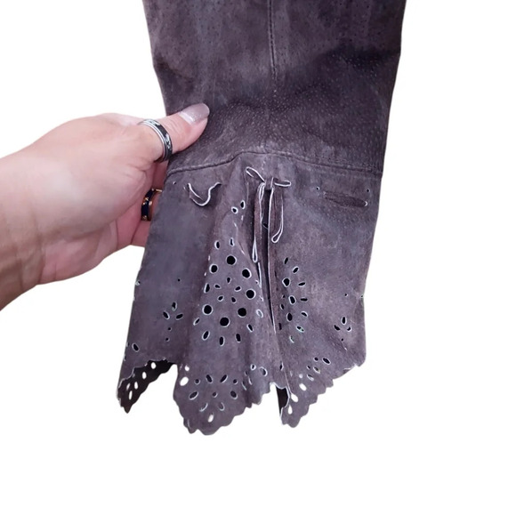 Dennis Basso Plus Size Leather Suede Laser Cut Faux Fur Collar Coat - Picture 5 of 7